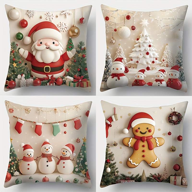 

4-pack Christmas Holiday Throw Pillow Covers - Contemporary Style, Woven Polyester, Hand Wash Only, Zippered - Santa, , Gingerbread, Tree Patterns For Living Room Decor