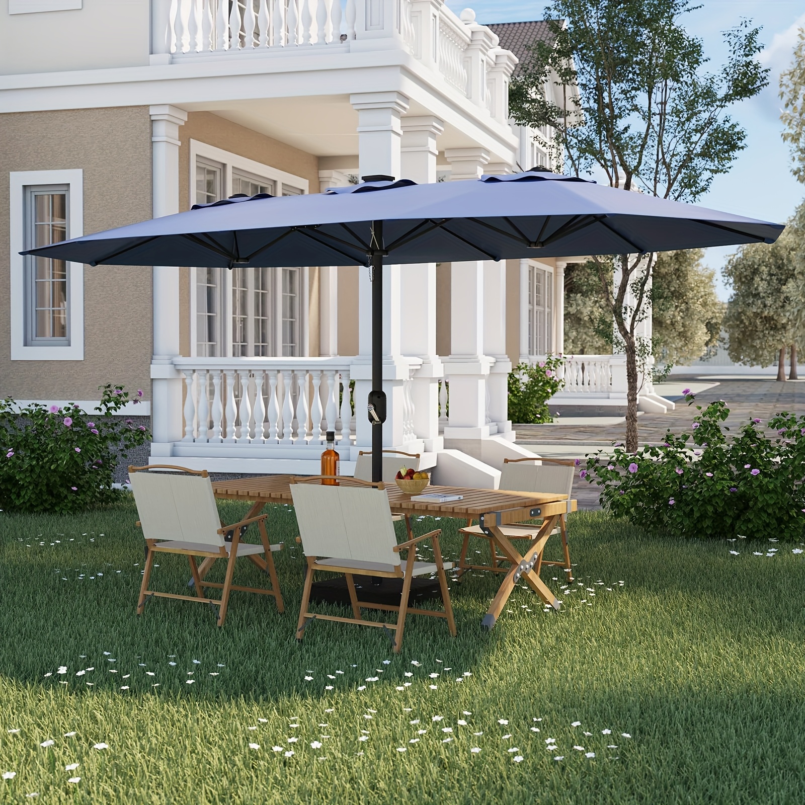 11 foot tilt patio umbrella Outdoor Umbrella with Base & Solar LED Cantilever Umbrellas 10' Round / Navy Blue