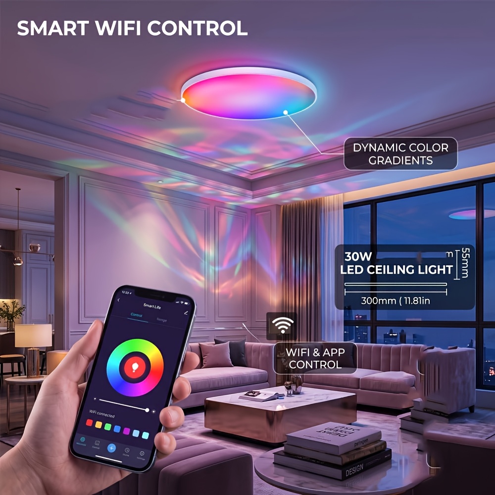 30W Smart LED Ceiling Light, Wifi & Bluetooth Dimmable RGB Fixture