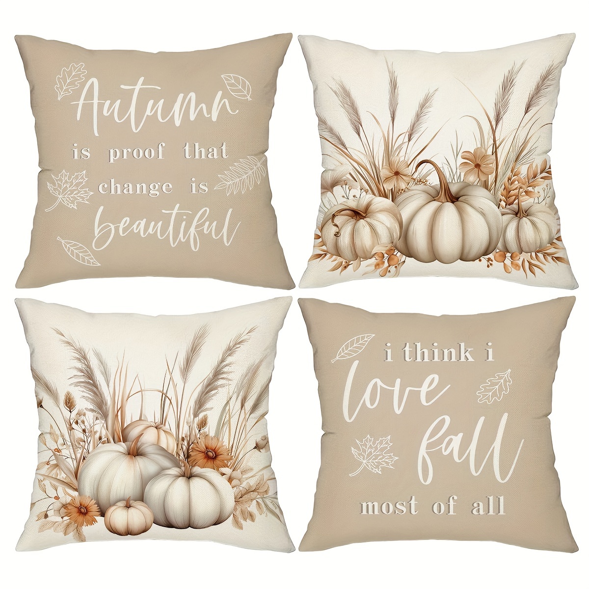TEMU 4pcs, Fall Throw Pillow Covers, 18in*18in Autumn Pumpkin Decor Cushion Covers, Rustic Farmhouse Thankful Grateful Decor Pillowcases For Porch