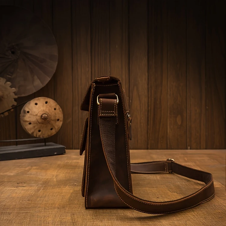 mens vintage style genuine leather messenger bag with adjustable strap casual handcrafted crossbody satchel with multiple pockets scratch repairable daily accessory details 4