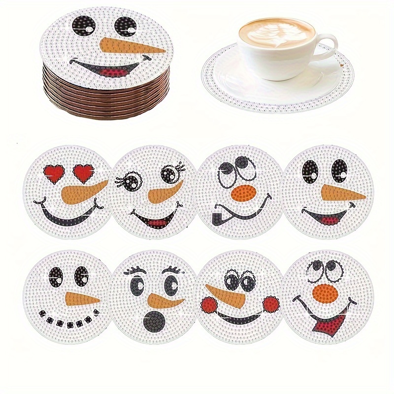 8pcs/set Snowman Pattern Diamond Painted Coaster Set Without Bracket, Creative Diamond Painted Coasters, Holiday Gifts