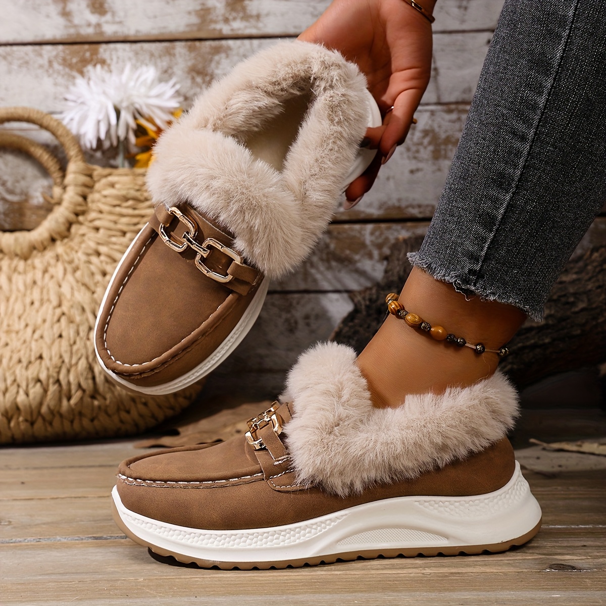 womens winter snow boots with thick platform heel slip on   upper plush like collar   strap brown white   trim wide width     pvc sole cozy winter shoes no assembly for snow details 3