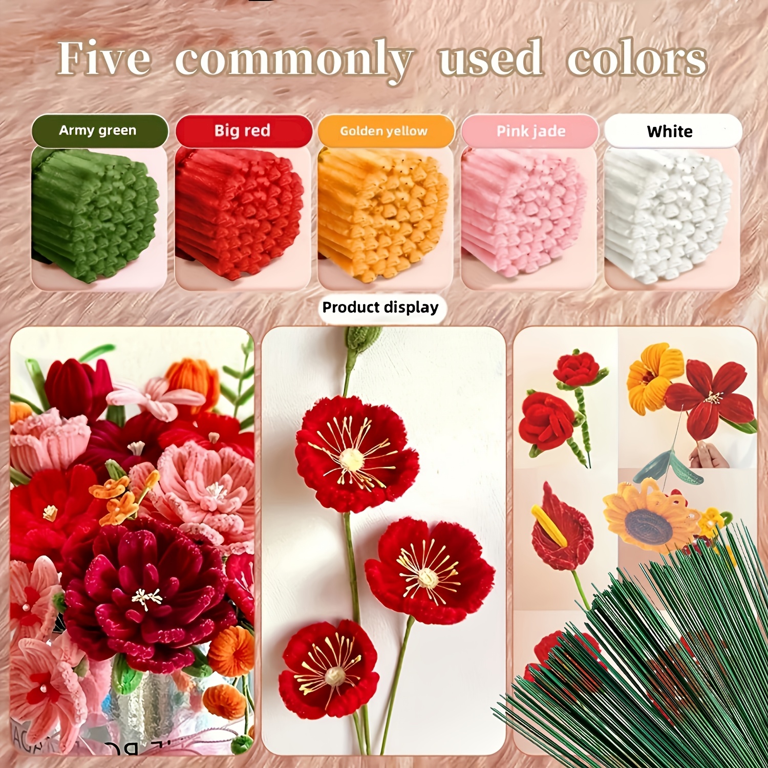 

50/300/400/500pcs Nylon Iron Pipe Cleaners For Diy Craft Projects - Rose Corn Poppy Bouquet Fluffy Stems Crafting Supplies-ultra Dense Chenille Stems