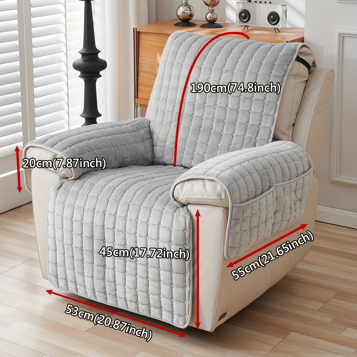Image of 1pc Bohemian Plush Flannel Chaise Cover - Anti-slip, Suitable For , Modern Solid Design, Pet Friendly, To Care (machine Washable), Light Gray Quilted Pattern, Closely Fits Single Chaise