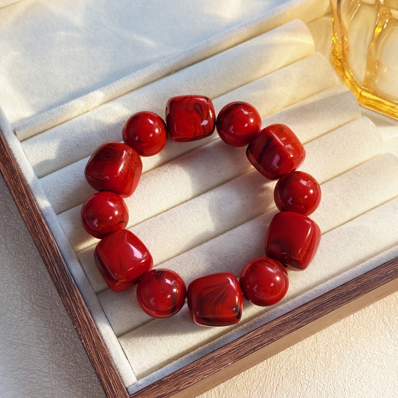 A Stylish Elastic Bracelet For Women, Featuring Unique Amber And Resin Beads, Wear And Play