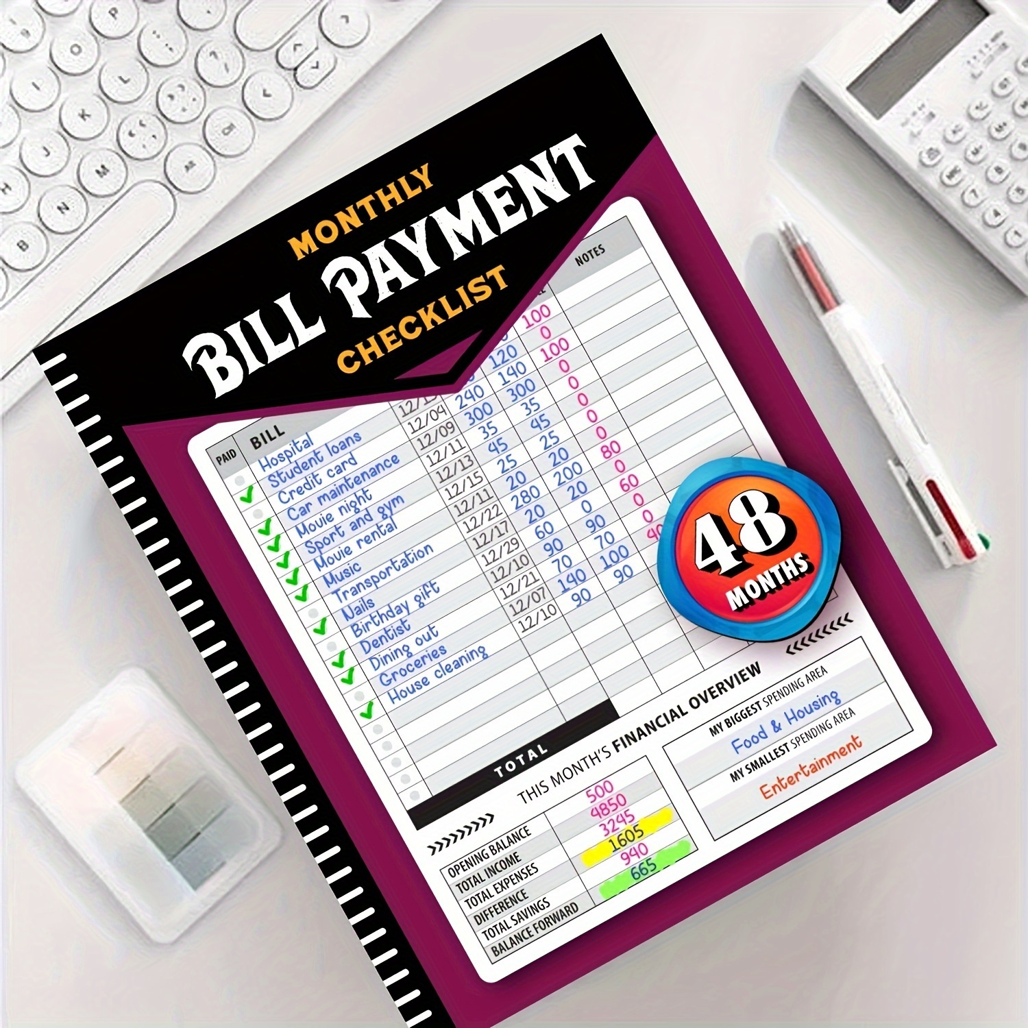 

1pc Monthly Payment Checklist - 48 Months Budget For Adults With Expense Categories, Due Dates & Notes Section