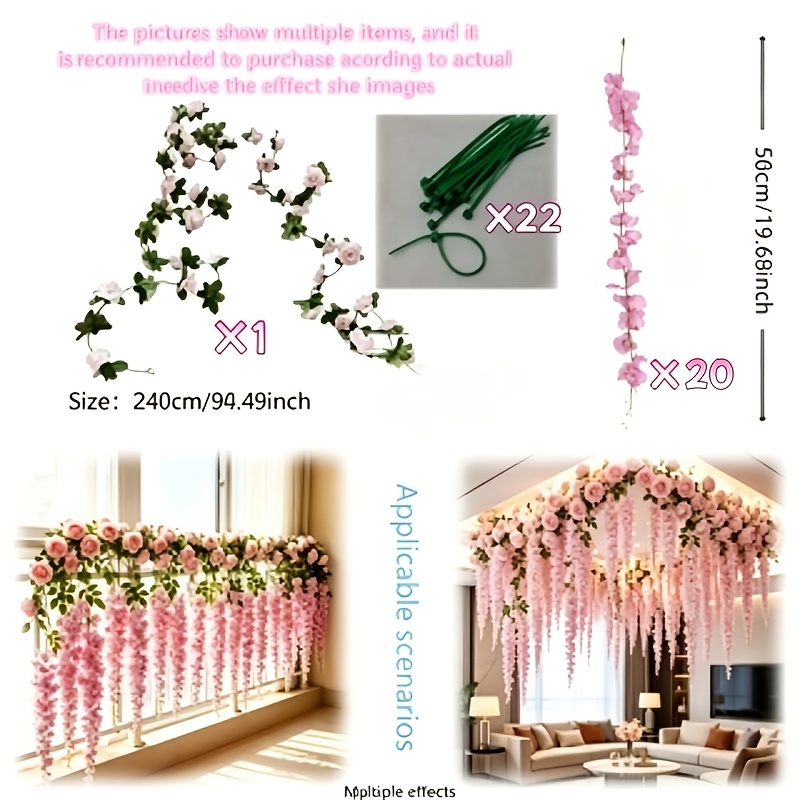 TEMU Set de Corona Floral de Glicinas y Rosas Rosadas de 43 piezas / Ramo Colgante Artificial / Decoración Floral , Ideal para de Boda, Paredes,