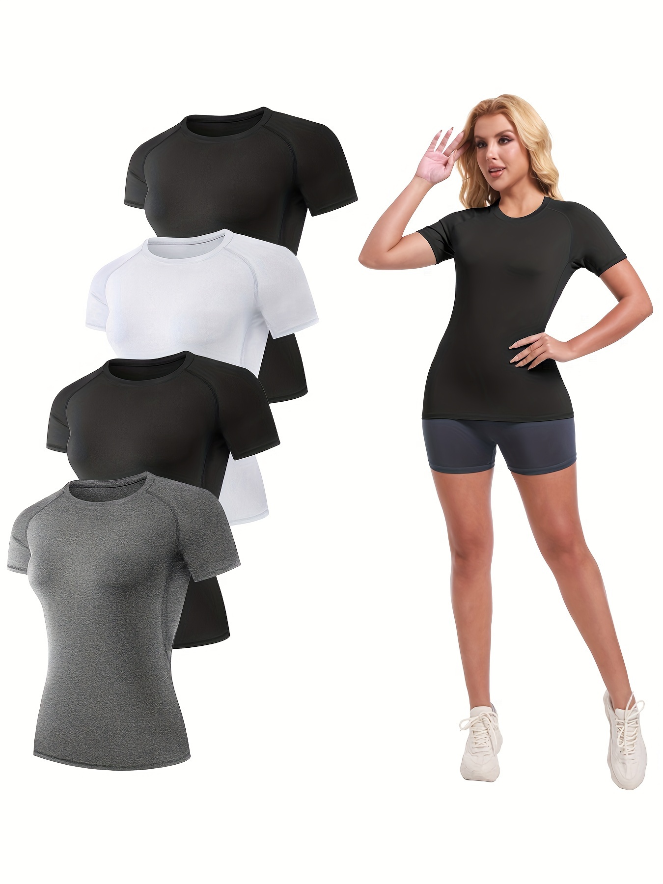 Tummy Control Basic Compression Short Sleeve Shirt, U-neck Sports  Tight-fitting Top, Women's Clothing