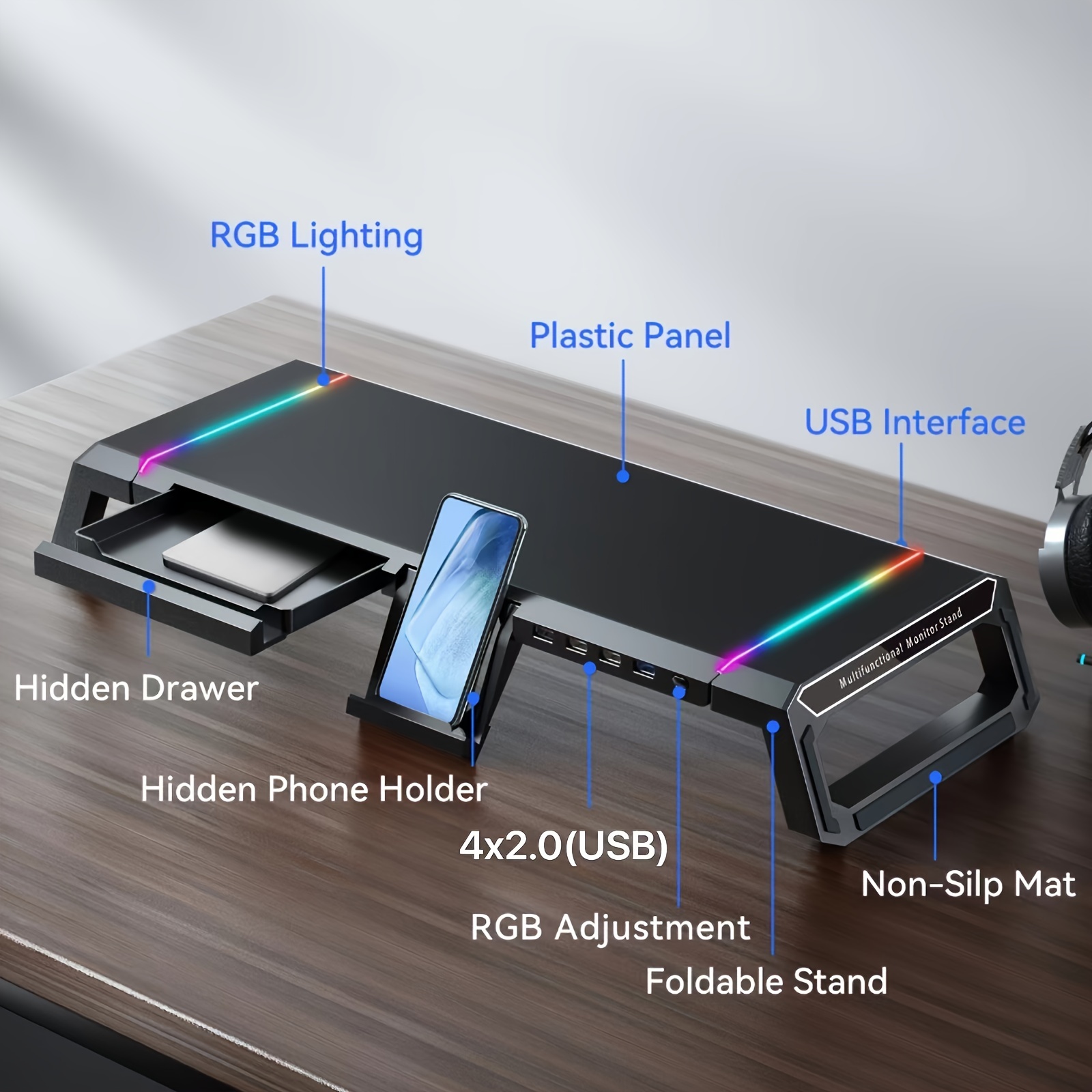 TEMU Monitor Stand Is Suitable For Desktop And Laptop Computers, Foldable And Height Adjustable, Storage Drawer For Tablet And Smartphone Stands, Rgb