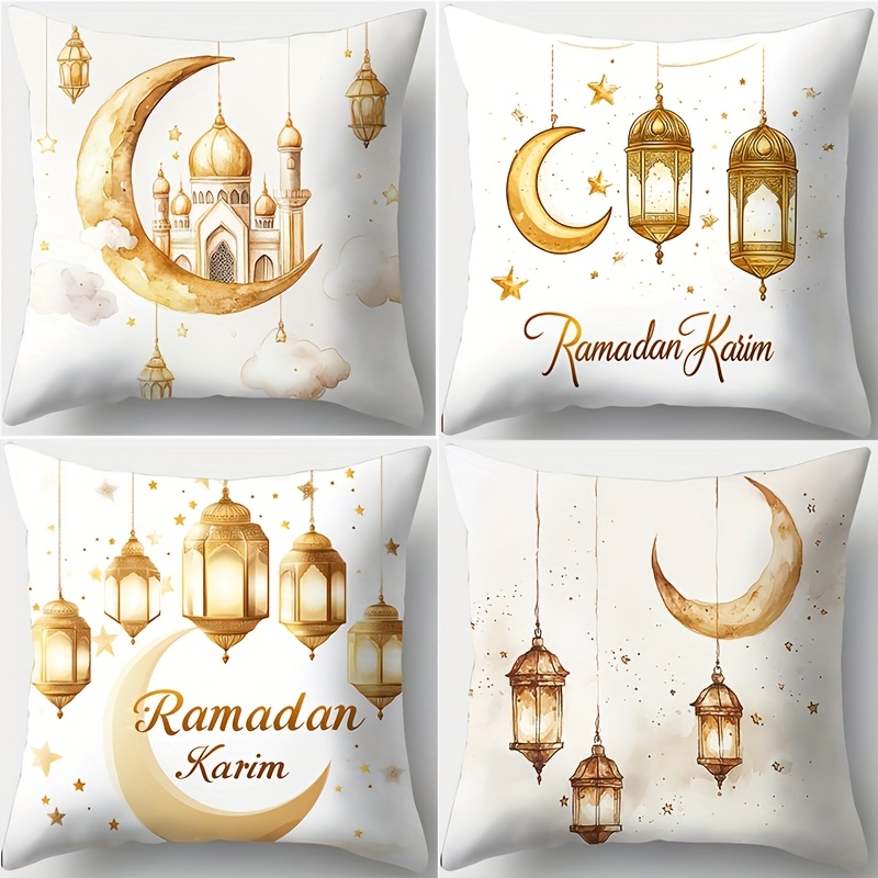 TEMU 4pcs, Ramadan Themed Pillowcase With Hexagonal Lantern, Moon, And Star Patterns, Warm And Comfortable, Beautiful And Practical, 17.72 * 17.72