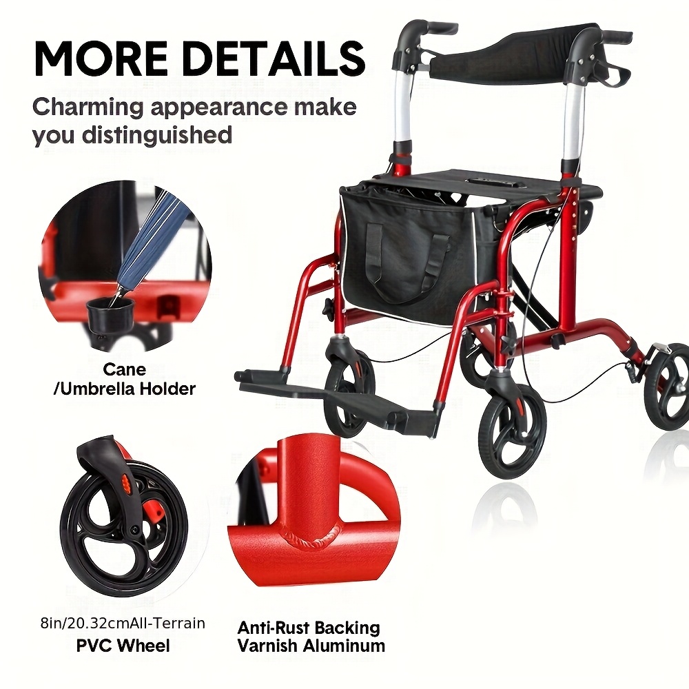 Lightweight Foldable 2-in-1 Wheelchair & Mobility Walker with Seat, Brakes, 20.32cm Wheels & Detachable Storage Bag - Red/Black Durable Frame for Indoor/Outdoor Use, Elderly & Limited Mobility Assistance, Wheelchair Accessories, Outdoor Mobility Support, Ergonomic Handle Design, Brakeequipped Wheels, Indoor Walker, Compact Design, Sturdy Construction, Rollator Scooter, Disability Aid