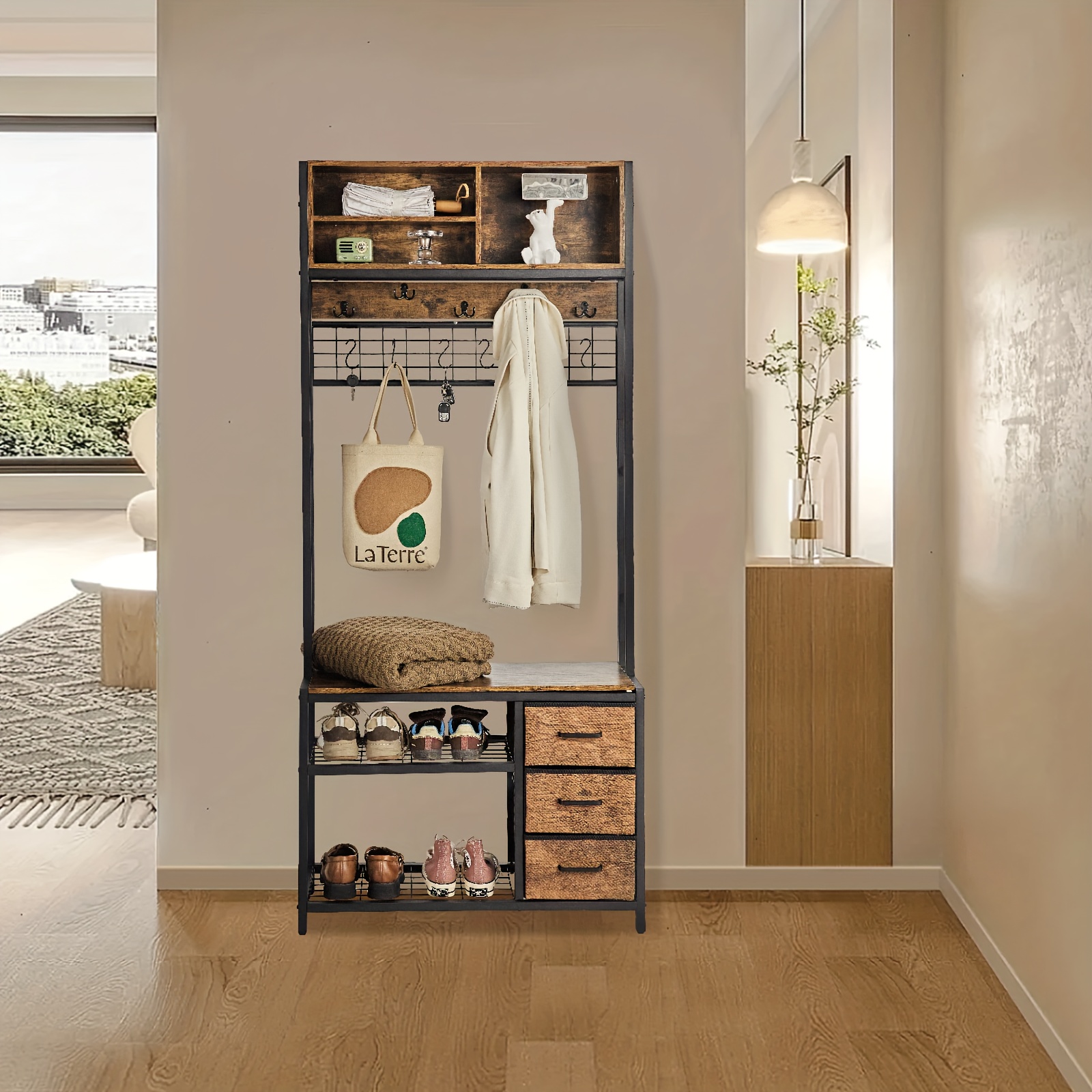 TEMU Redlife Hall Tree, 31.5inch Entryway Bench With Storage Coat Rack Freestanding, Hall Tree With Shoe Bench And Wall Rack Hooks And 3 Drawers.
