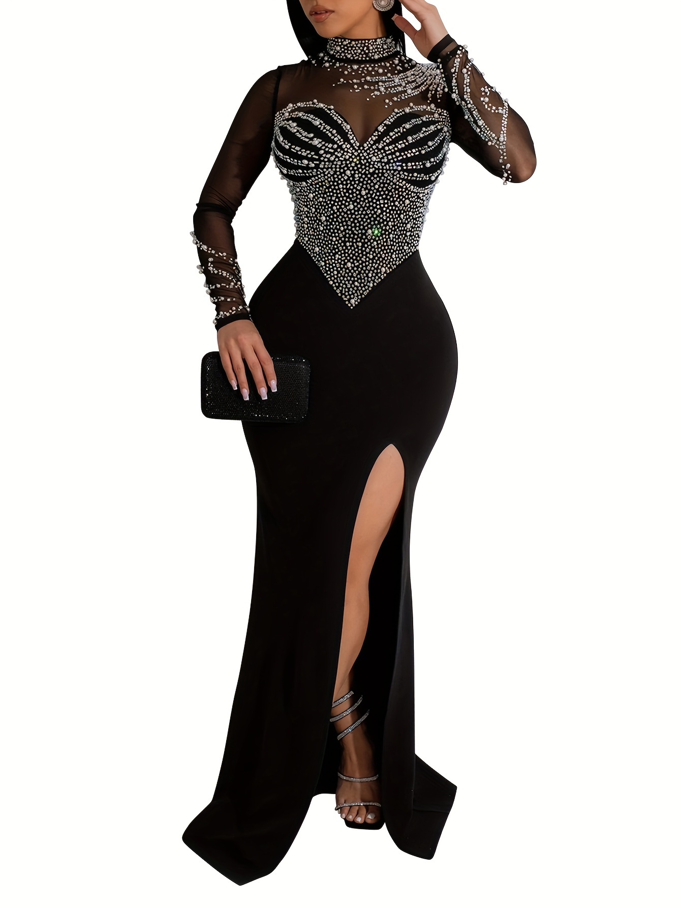 knee length dresses for ladies Long Sleeve Grey Prom Dresses Embroidered Engagement Dress FD1654 –  Viniodress main image 0