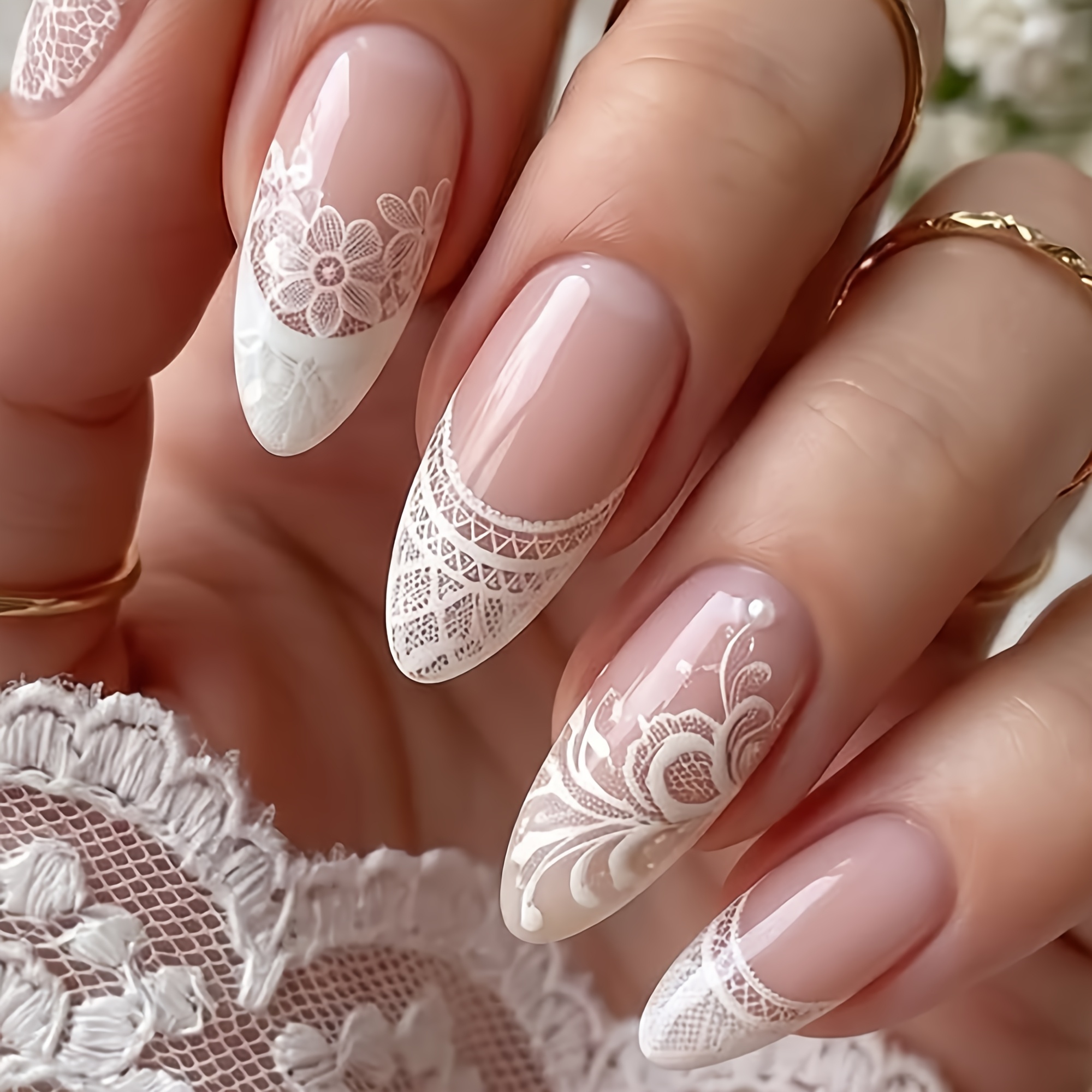 TEMU With 24pcs/set Medium-length Almond-shaped Press-on Nails Featuring A Nude Pink Base With White Lace Floral Prints. Includes Nail Art Tools,