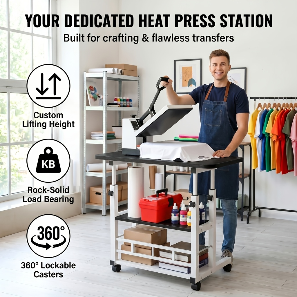 TEMU Rolling Heat Press Table With Wheels, 3-tier Adjustable Craft Table, Mobile Heat Press Workstation And Storage Cart For Sublimation Printer,