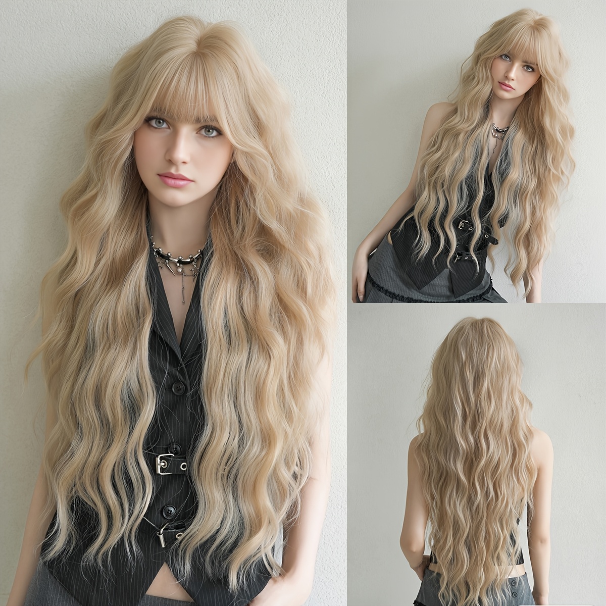 TEMU Akako Long Wavy Beige Wig Looking High Quality Fiber Synthetic Wig For Women Daily Music Festival Party Wear, Cosplay Halloween & Street