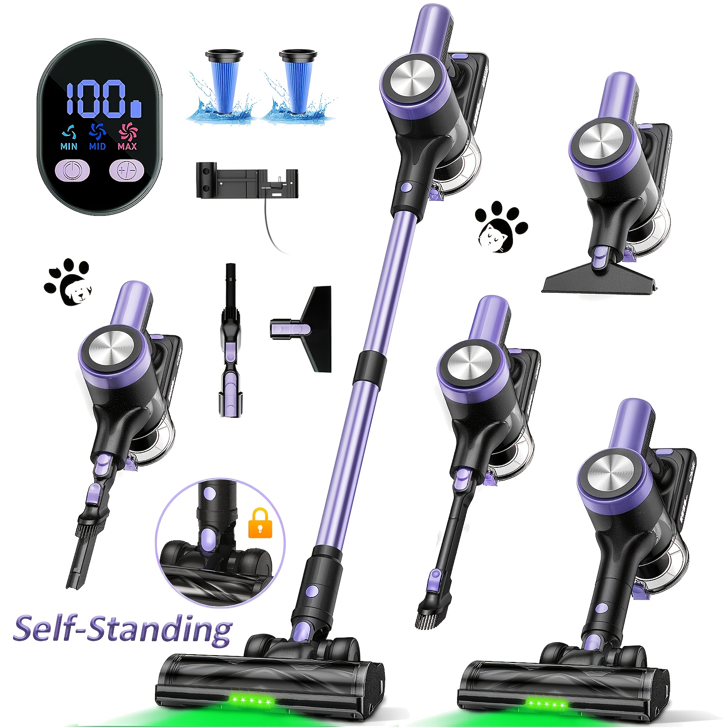 item picture cordless vacuum cleaner 46kpa stick vacuum self standing led display and anti   lightweight   cleaner for home carpet floor pet hair with rechargeable dock