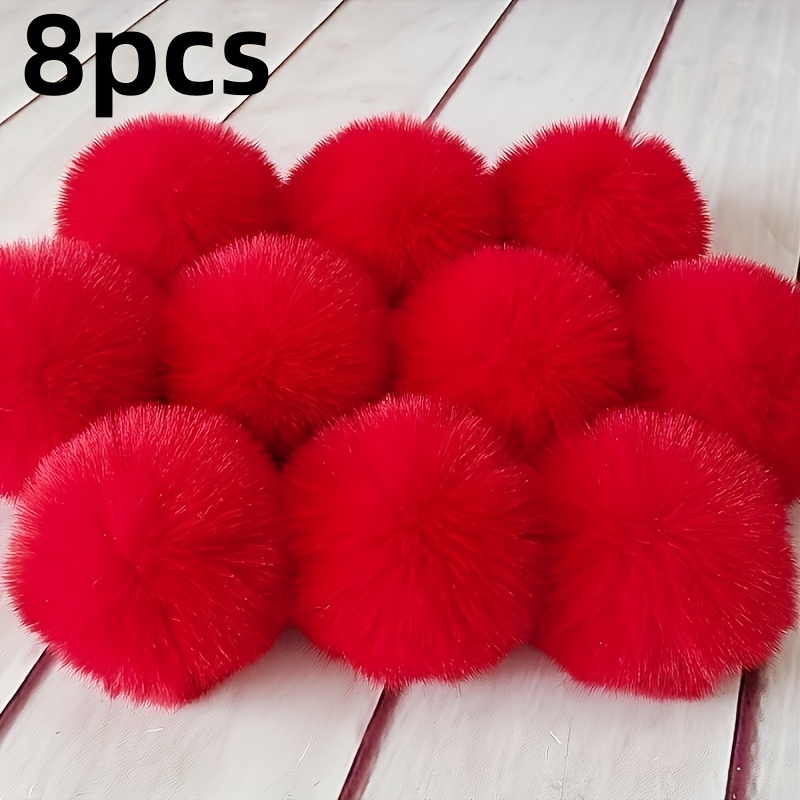 TEMU 8pcs 2.36 Inch Extra Large Fluffy Red Faux Fur Pom Poms With Elastic Loop, Diy Knitting Craft Supplies, Handmade Accessories For Hats, Shoes,