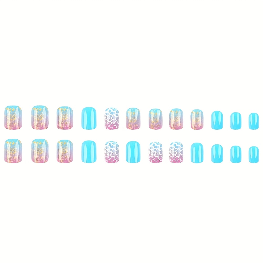 24pcs Short Square Press On Nails Blue Gradual Change Style Fake Nails Glossy Artificial Finger Manicure False Nails