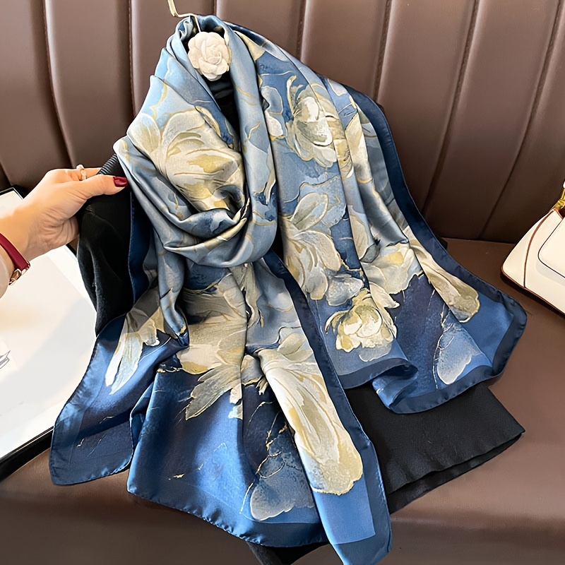 

Blue Big Flower Printed Scarf, Leisure Style Satin Silk Feeling Shawl, Outdoor Windproof Sunscreen Beach Towel For Women