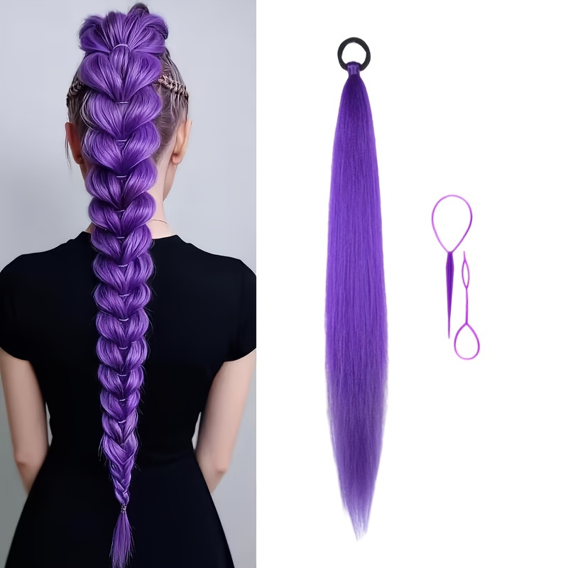 TEMU A Set Of 3pcs, Including 1 26-inch Purple Ponytail And 2 Braided Tools Of Heat-resistant, Straight And High-temperature Resistant Fibers, And Is