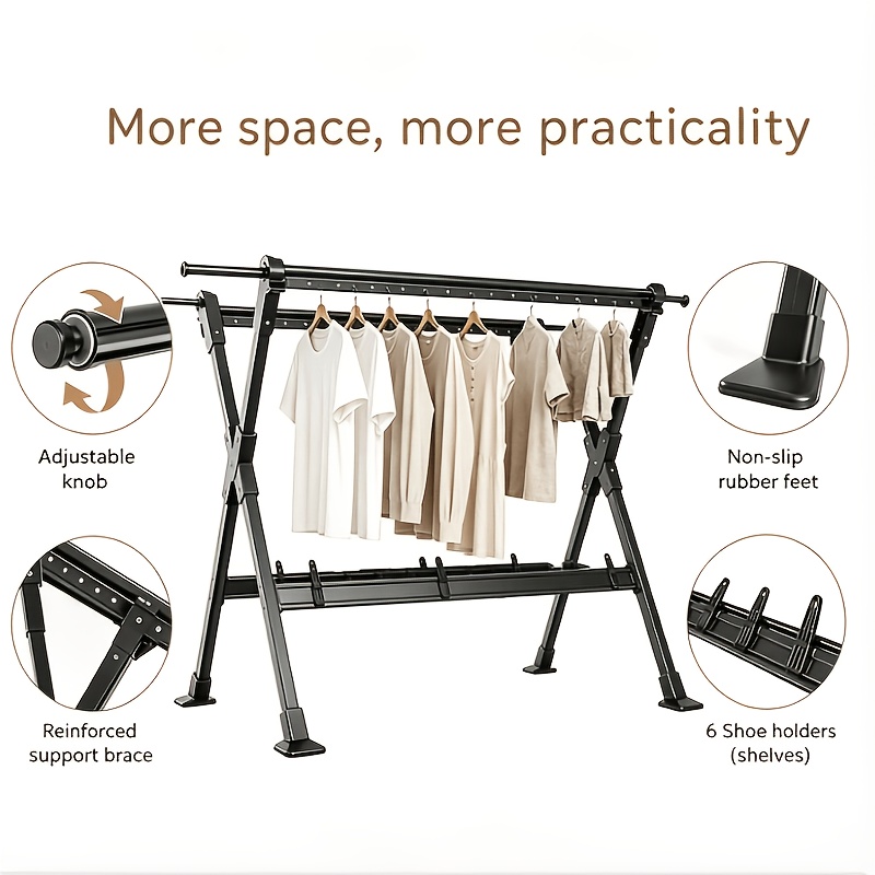 Image of Heavy Duty 2-tier Foldable Laundry Drying Rack Garment Organizer With Windproof Hooks And 6pcs Shoe Racks, Drying Racks