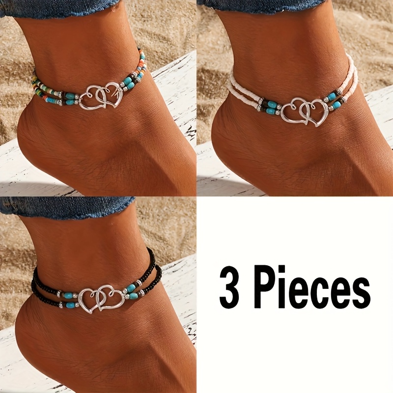 TEMU 3pcs Shimmering Multicolor Beaded Anklet Bracelet Jewelry Set - Fashion Cute Hollow Design With Mini Seed Beads, Adjustable Elastic Boho Chic