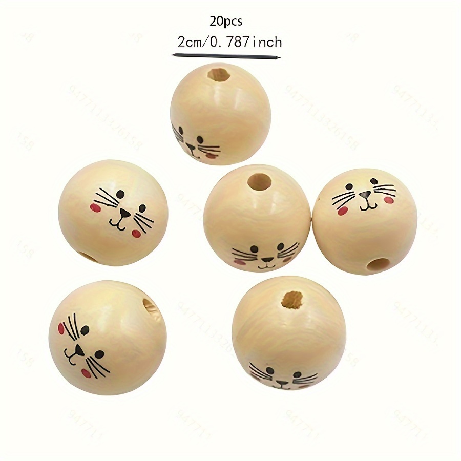 20mm 20pcs Printed Cat Head Bead Doll Head Wooden Bead Loose Beads Jewelry Making Additions Home Decoration