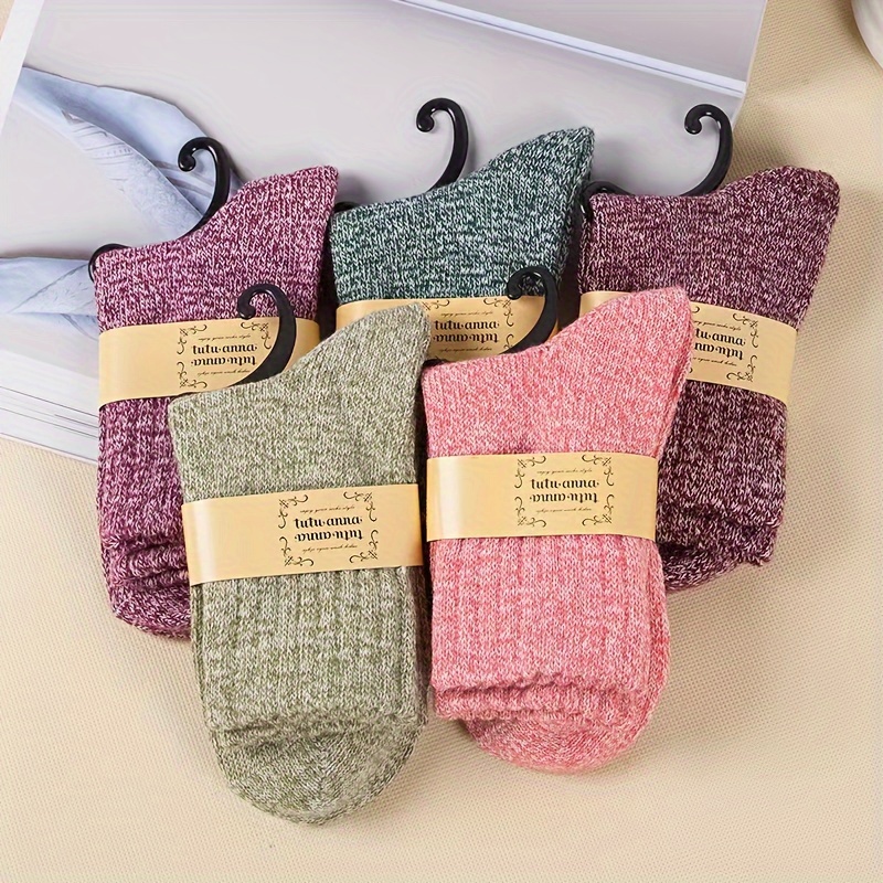 

5pcs Cozy & Warm Women's Ankle Socks In Autumn/winter - Soft, Polyester , Retro Solid Colors With Ribbed Texture, Hand Washable - Cold Weather, Cute Socks