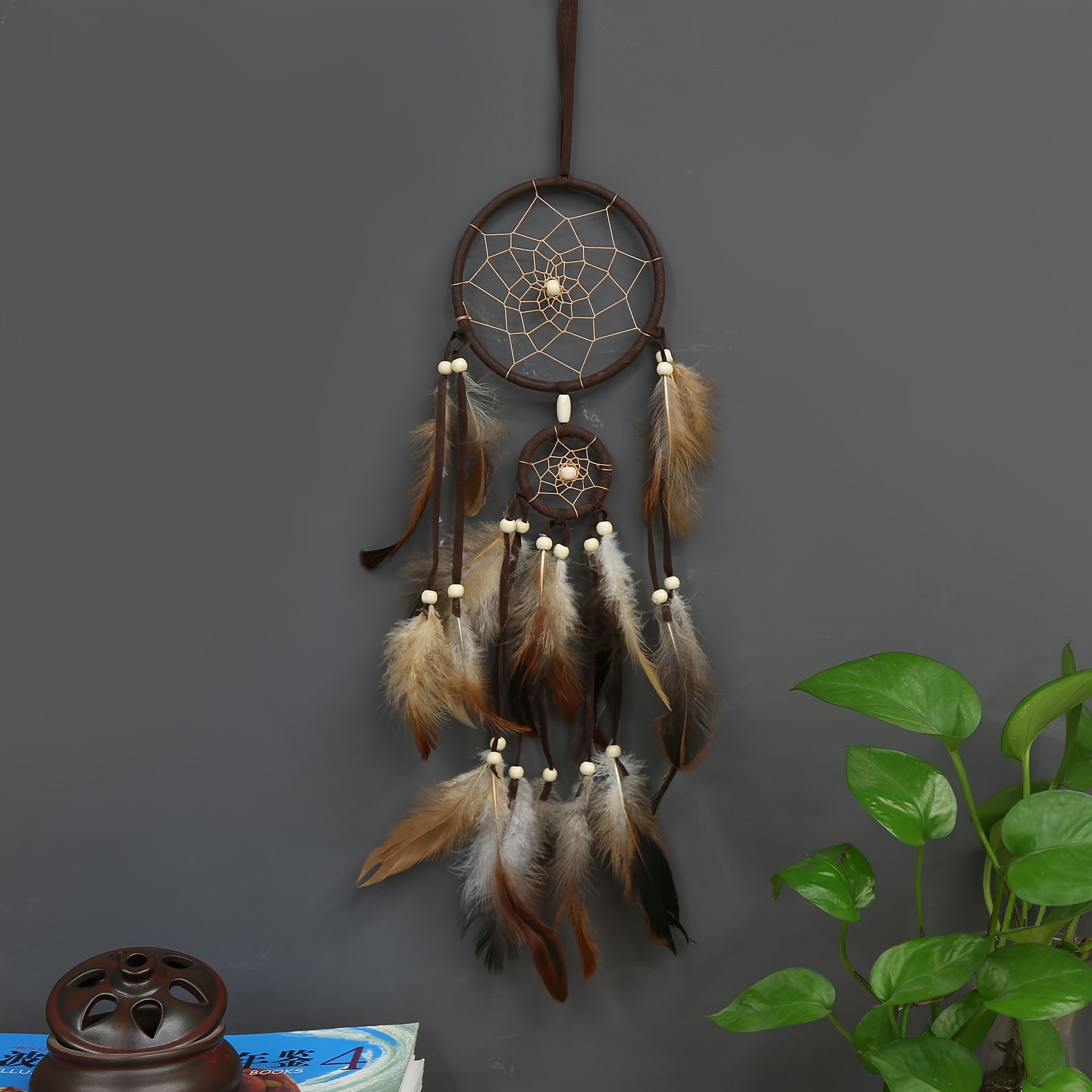TEMU Dreamcatcher Ornament, Home Decor, Brown Dreamcatcher With Double Ring Design, 1pc, Room Decoration, Wall Decor, Suitable As A Birthday Or