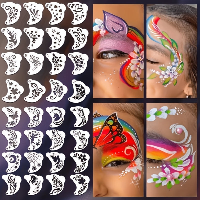 1 set/32-tlg. schminkwerkzeug-set der gesichtsbemalungsserie,   für schminkpartys, rollenspiele, karnevalspartys, geburtstagsfeiern usw. ausgestanzte farbige malschablonen, dekorationsschablonen für wand- fotoalbum, diy-handbemalungsschablonen. hergestellt aus pet-material, waschbar, faltbar