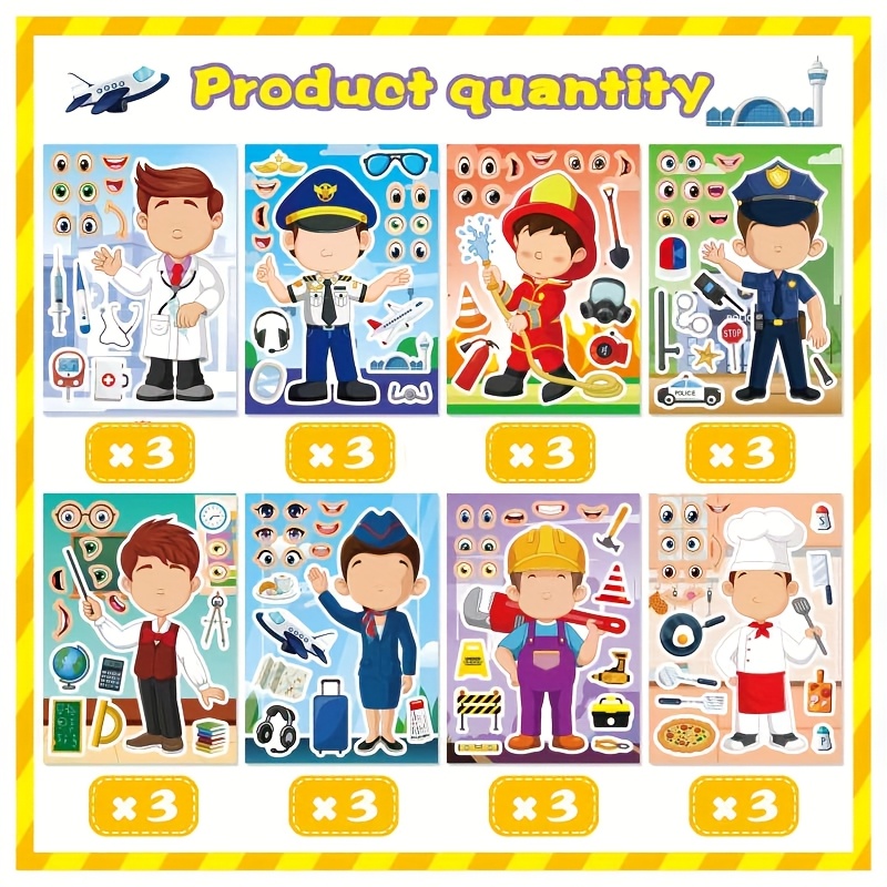 Image of 24 Professional Character Jigsaw Stickers - Creative Face Swap And Decoration Sticker Art, Suitable For Children, Reusable Brain Puzzle Activities, Manual Educational Toys, Imagination Games, And