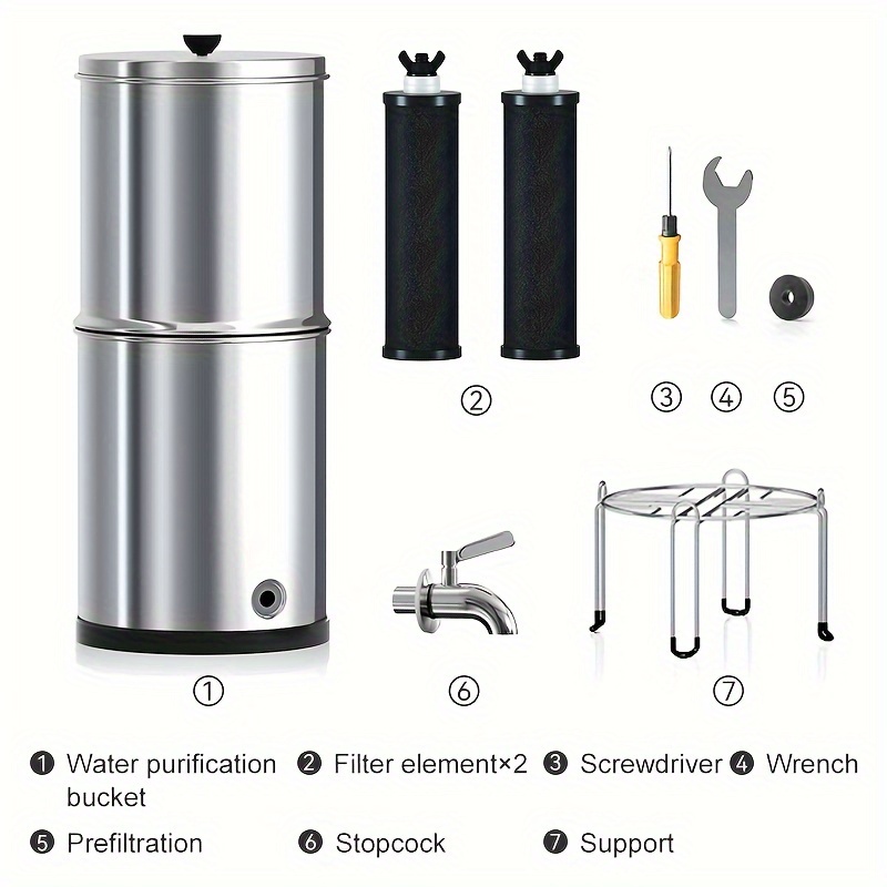 TEMU 2-in-1 Stainless Steel Water Purifier, 9.5 X 22 Inches, Gravity-fed Filtration System, 4.5 Gallon Capacity, With 2 Black Filters And Spigot, For Outdoor Camping And Home Kitchen Use
