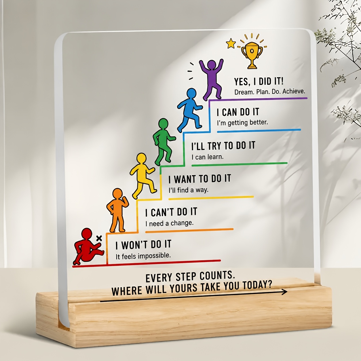 TEMU 2d Flat, Step " Growth Ladder Acrylic Ornament With Solid Wood Base, Six-color Figure Illustration, Inspirational Desktop Decor For Classrooms