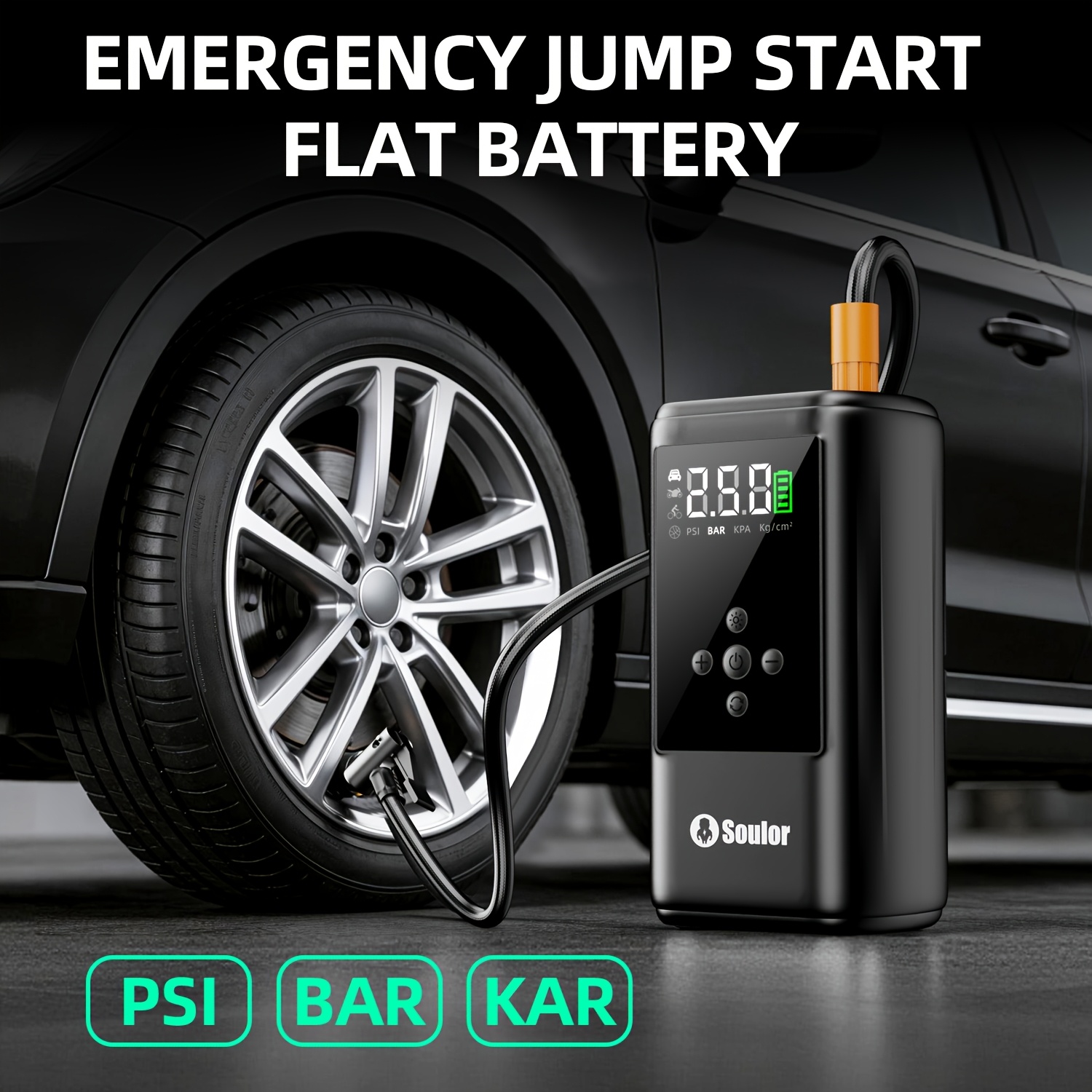 Soulor Car Jump Starter, 3000A to 6000A Portable Starter Power Supply, 2-In-1 Inflatable for All-In-One Multi-Functional Upgraded Version, 12V Quick Start Car, Suitable for All Cars, LED Emergency Lights, Compass, USB Input/Output