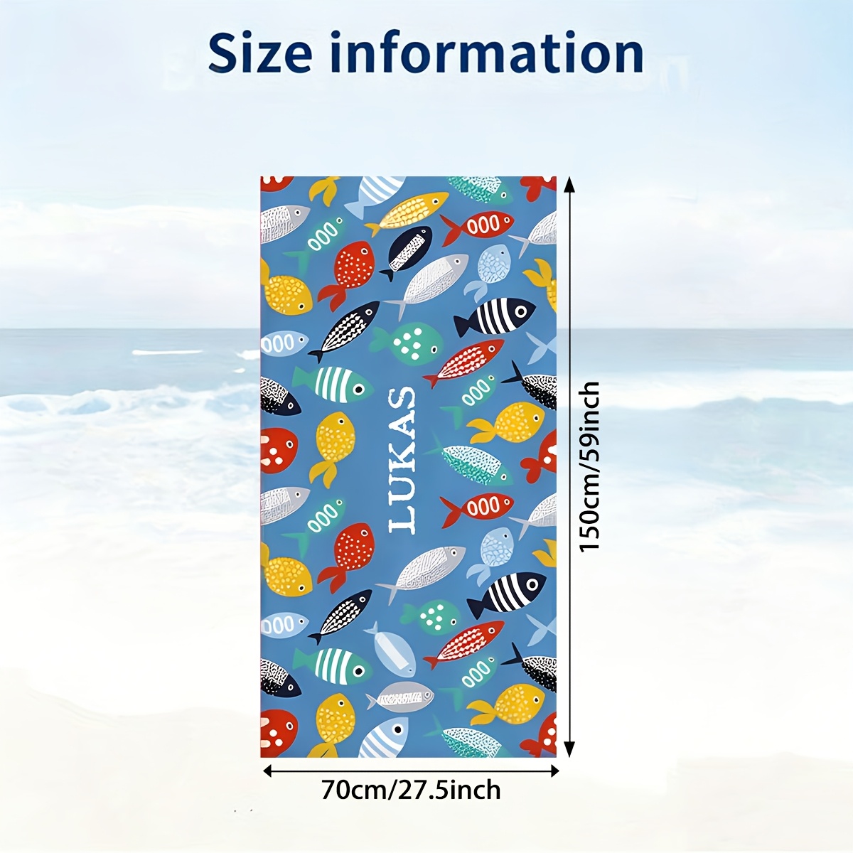 TEMU Custom Item 1pc Custom Cute Cartoon Tropical Style Fish Pattern Towel, Personalized Name Custom Beach Towel, Comfortable And Soft, Foldable And