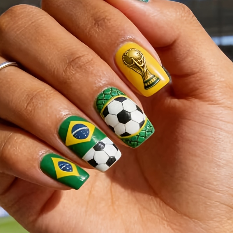 TEMU 24 Unghie Finte da Calcio Quadrate di Media Lunghezza per , Adesivi per Unghie da Giardino per Manicure, Unghie Lucide Indossabili, Unghie a