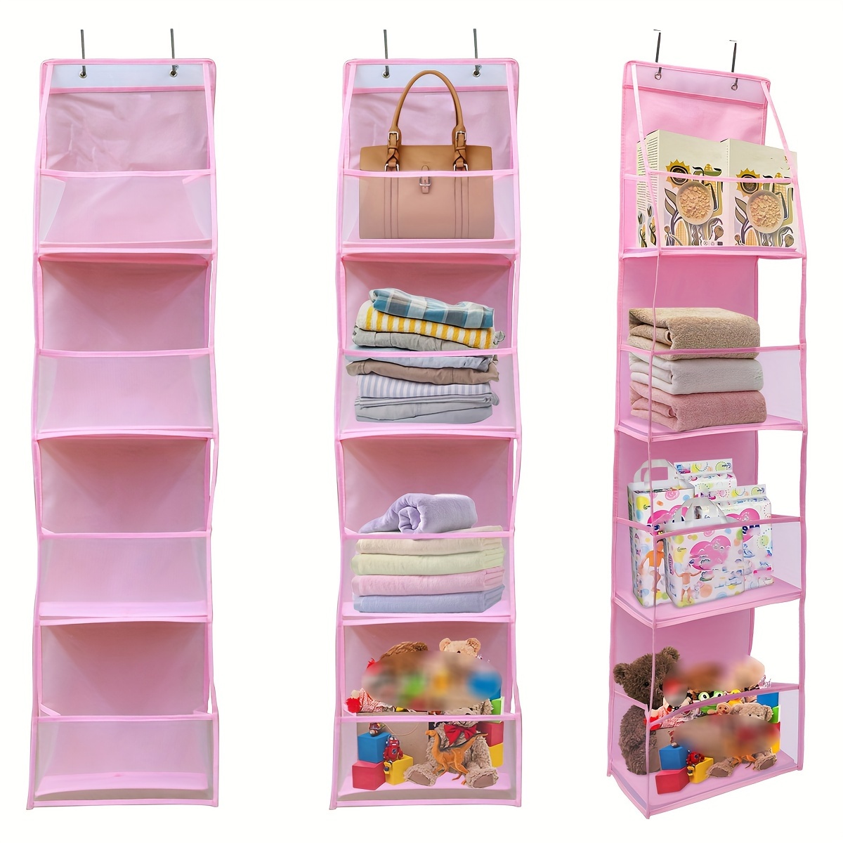 

1pc Pink Over The Door Hanging Organizer With 4 Pockets, Fabric Wall For Closet/bathroom/bedroom/dorm, Clear Window & Reinforced Shelves, Includes 2 Metal Hooks, Organize Cosmetics, Toys & Sundries