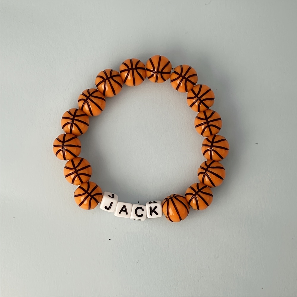 TEMU Customizable Sports-themed Acrylic Beaded Bracelet With Name - Basketball, Football, Baseball Design - Ideal For Game Day Wear Or Christmas