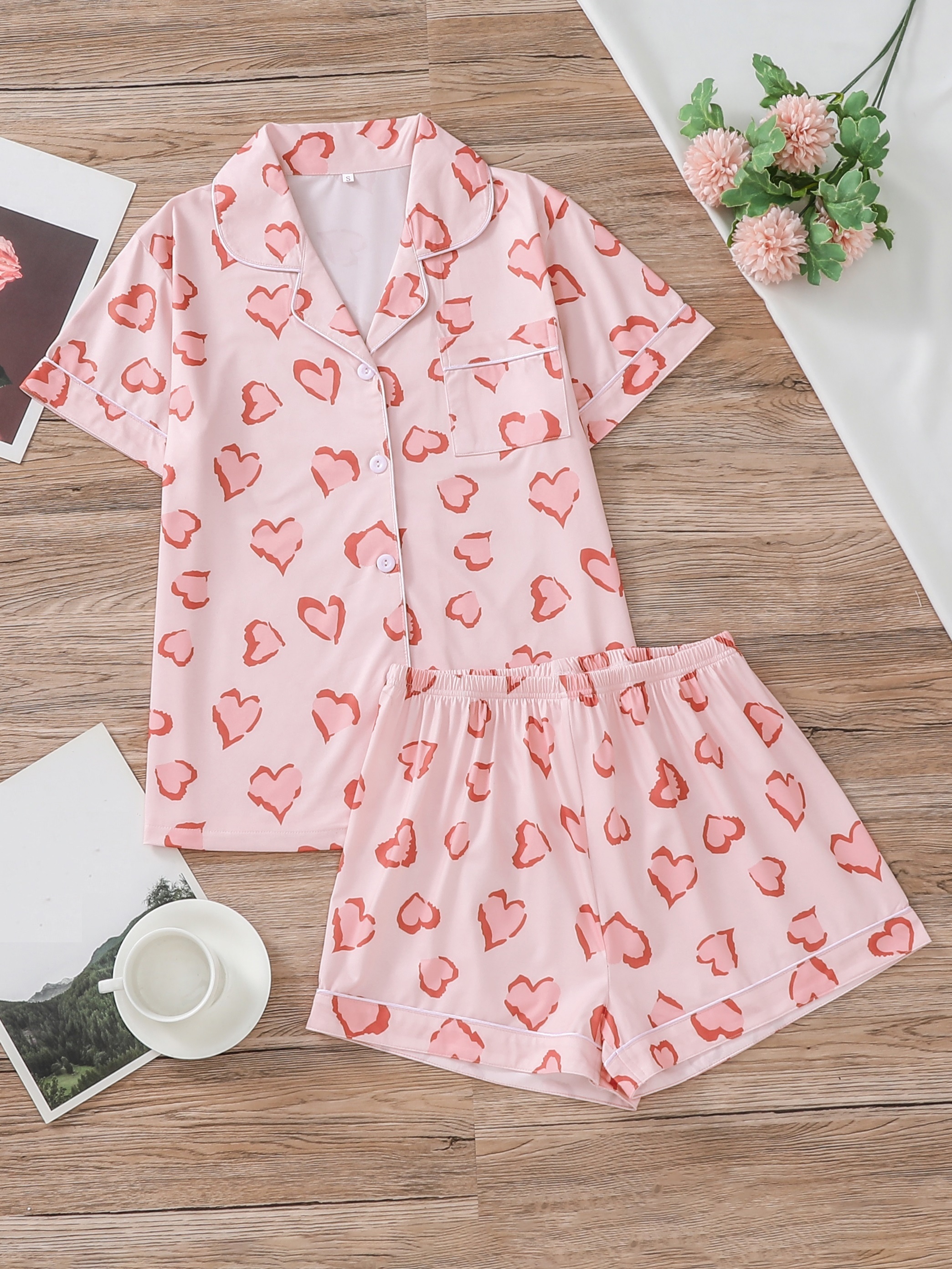 Heart Print Nightdress Short Sleeve Buttons Pajama Dress - Temu