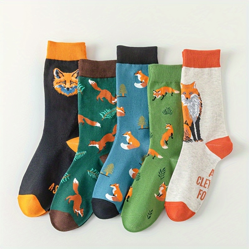 

5 Pairs Cartoon Fox Crew Socks, Trendy & Novelty Mid Tube Socks, Women's Stockings & Hosiery - For Fall