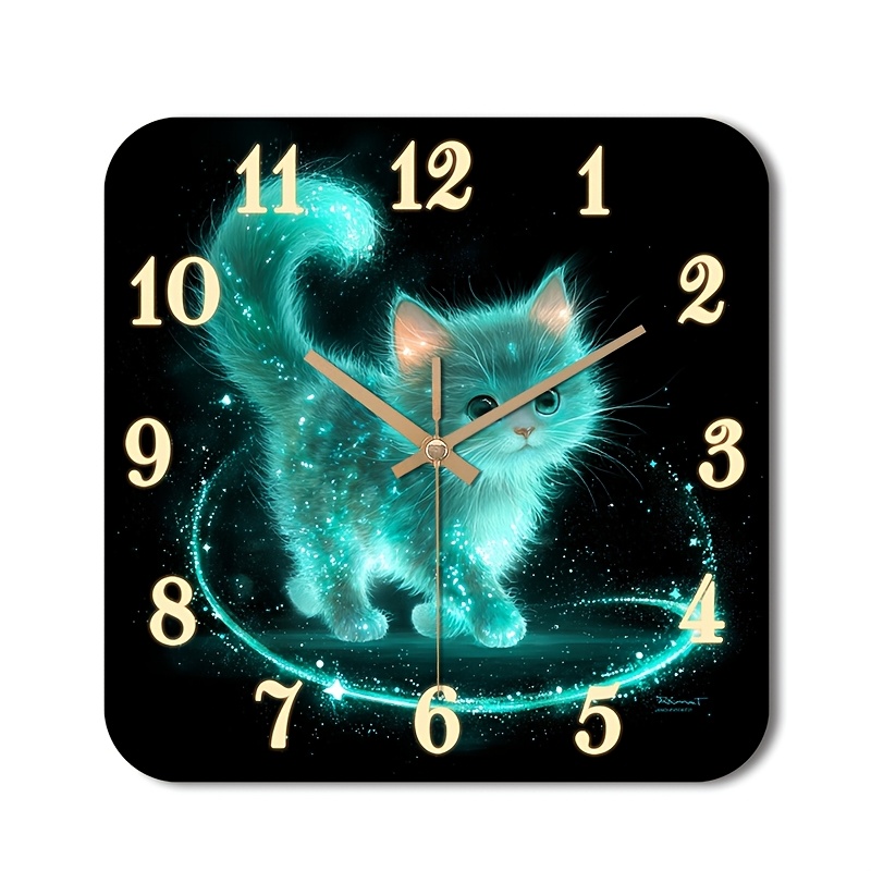 TEMU 1pc Silent Non-ticking Wall Clock - Glowing Kitten With Tail & Turquoise Glow, Large Square Wood Frame (10