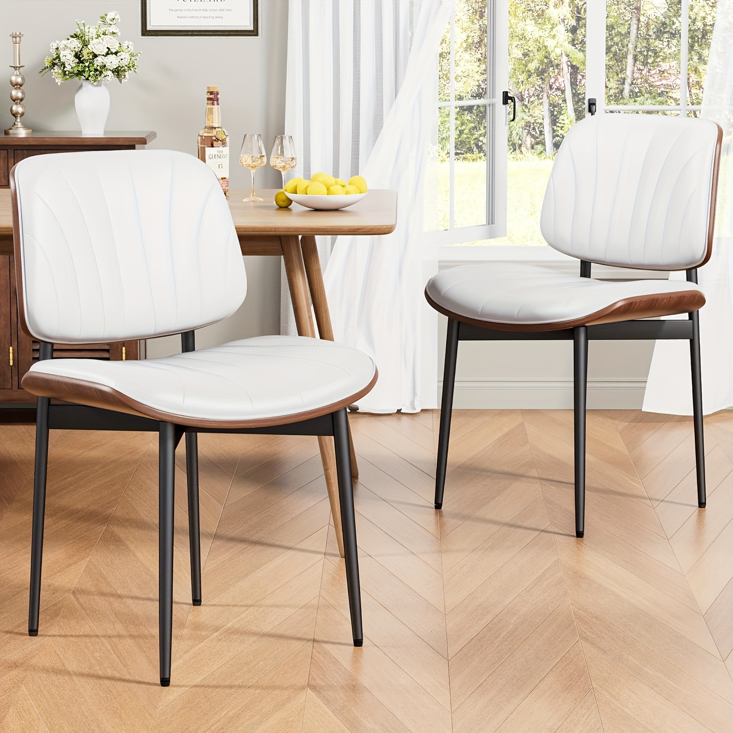 Padded Seat & Backrest - Modern Faux Leather Dining Chairs - Set Of 2 - Metal Legs with Adjustable Feet - for Kitchen, Dining Room, Office