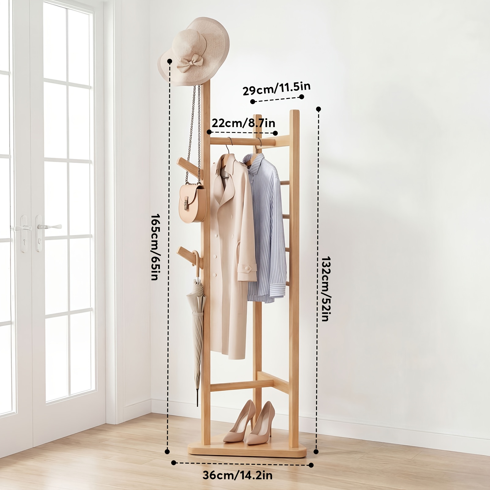 TEMU Porte-manteau en bois, Porte-manteau autoportant, Construction robuste en bambou, 3 crochets de style branche lisse, Poche de rangement latérale