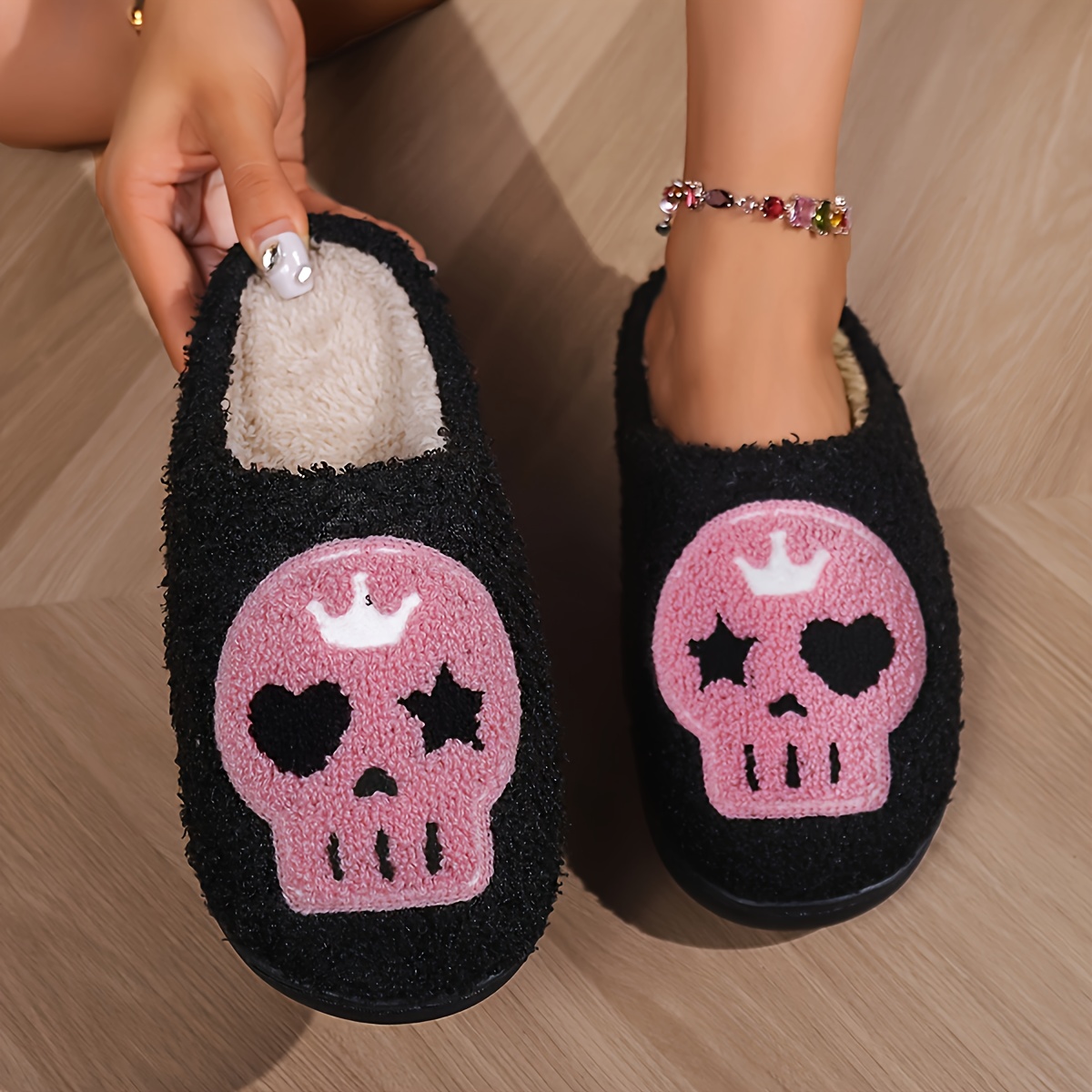 halloween skull ghost pattern plush slippers closed toe soft details 15