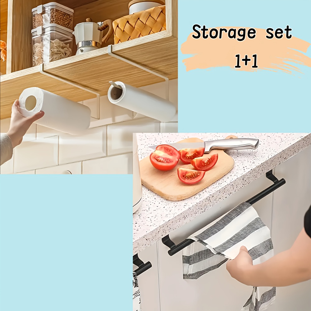 TEMU [storage Set] Cabinet Tissue Holder+detachable Towel Hanger, Non Perforated Wall Mounted Roll Holder, Kitchen Cabinet Hanging Roll Paper Holder,