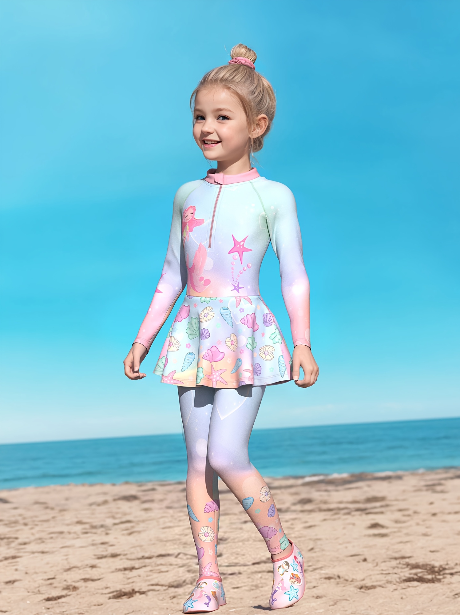 Girls' Modest Long-Sleeve One-Piece Swimsuit