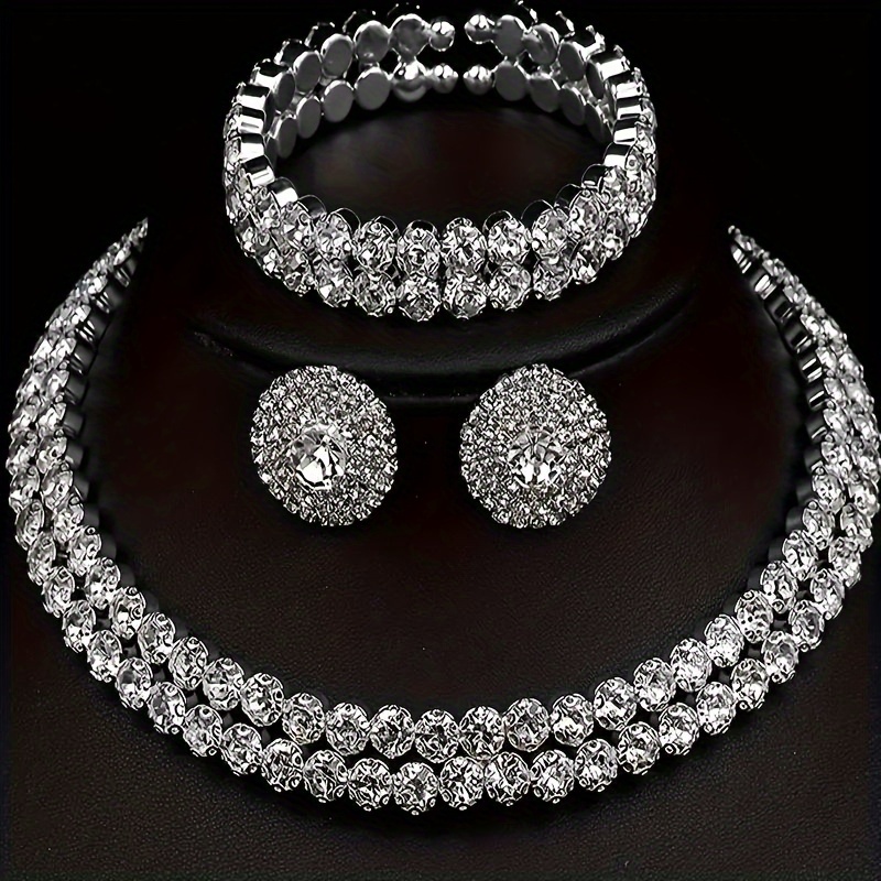 

Shimmering Rhinestone Jewelry Set - Silver Plated Earring, Necklace & Bracelet Trio - Perfect For Daily Wear & Parties