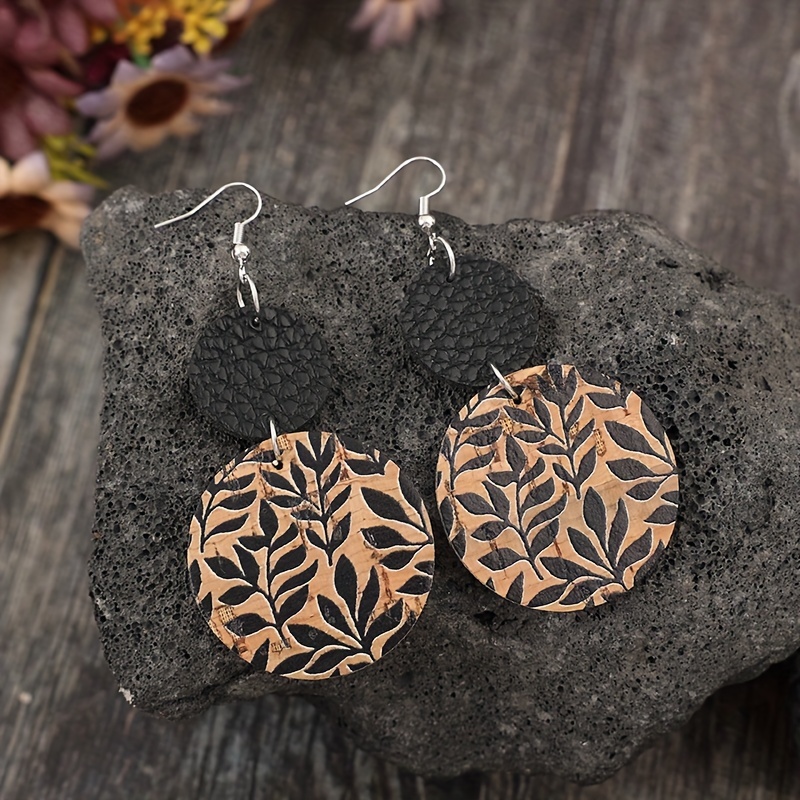 Cross-border New Round Plate Printed Splicing Black Pu Leather Earrings